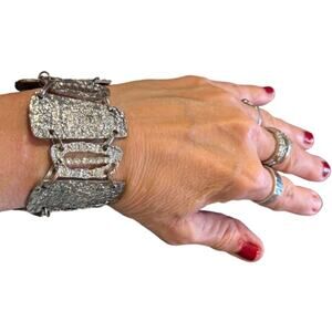 Brutalist Modernist Silver Tone Rhinestone Panel Bracelet